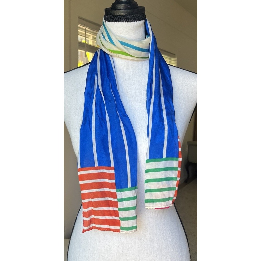 Vintage Liz Claiborne Silk Scarf Oblong  Colorblock Stripes Blue Pink Green Oran